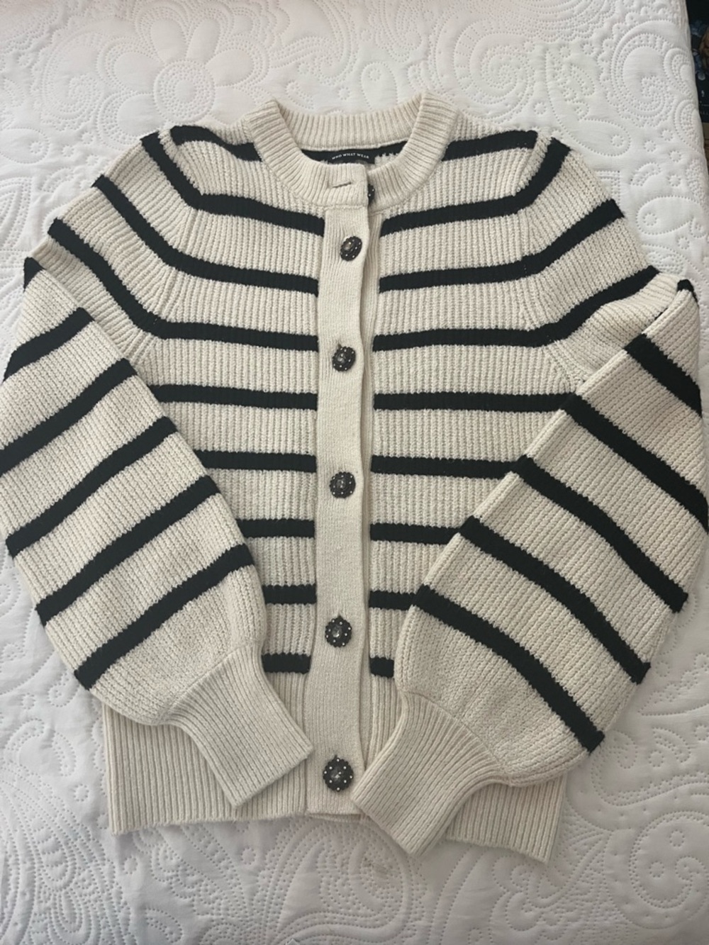 Who What Wear Cream and Black Striped Button-Front Cardigan